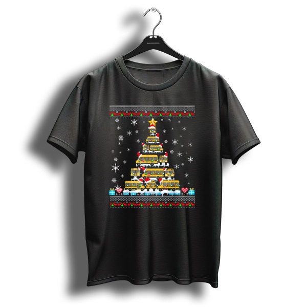 Ugly Christmas Tree Built From School Buses With Snowflakes And Holiday Decorations For Bus Driver Lovers T Shirt 1 t shirt 1