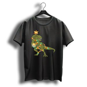 Ugly Christmas With T Rex Wrapped In Colorful Lights Holding Gift T Shirt