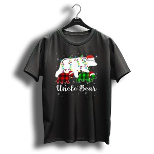 Uncle Bear Christmas Lights Red Plaid Green Plaid Santa Hats T Shirt