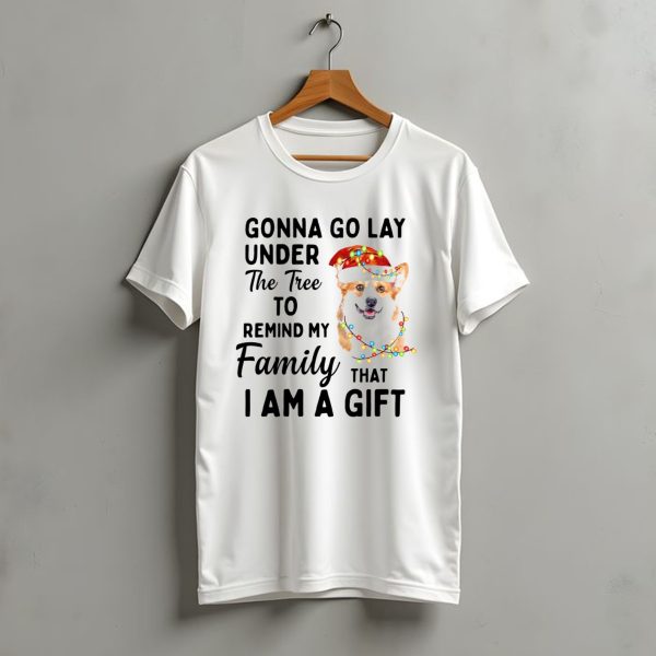 Under The Tree To Remind My Family That I Am A Gift Corgi Christmas Lights Santa Hat T Shirt t shirt 1