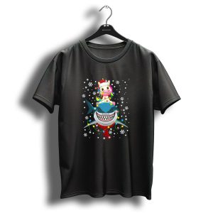 Unicorn Christmas Riding Shark With Lights And Snowflakes T Shirt