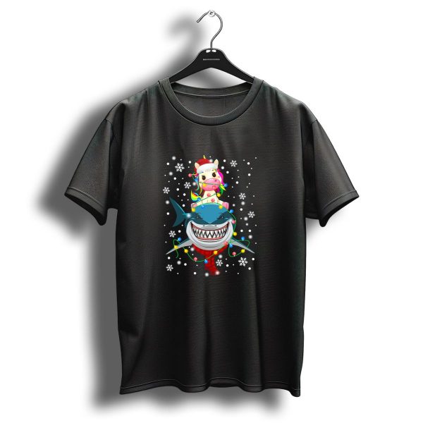 Unicorn Christmas Riding Shark With Lights And Snowflakes T Shirt 1 t shirt 1