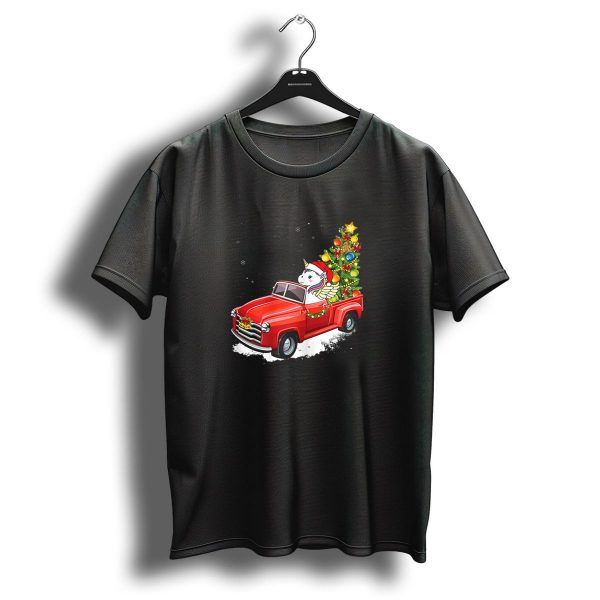 Unicorn Christmas Tree In A Red Truck With Santa Hat And Decorations T Shirt 1 t shirt 1