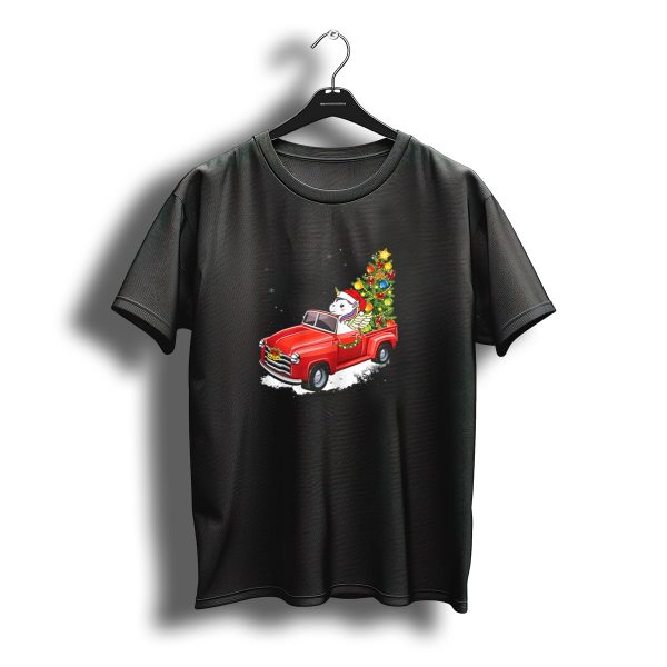 Unicorn Christmas Tree In A Red Truck With Santa Hat And Decorations T Shirt t shirt 1