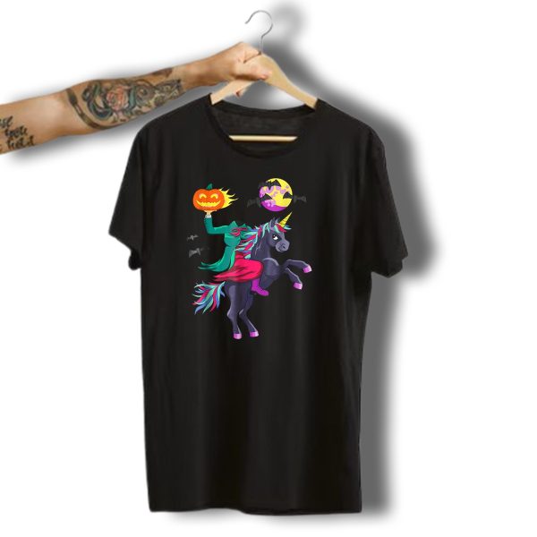 Unicorn Halloween Headless Horseman With Pumpkin Jack O Lantern And Flying Bats T Shirt t shirt 1