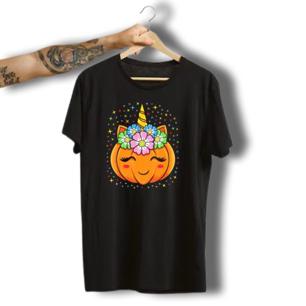Unicorn Pumpkin Halloween Cute Floral Stars T Shirt t shirt 1