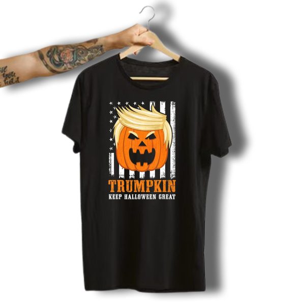 Usa Trumpkin Keep Halloween Great Pumpkin With Hair And Flag Background T Shirt t shirt 1