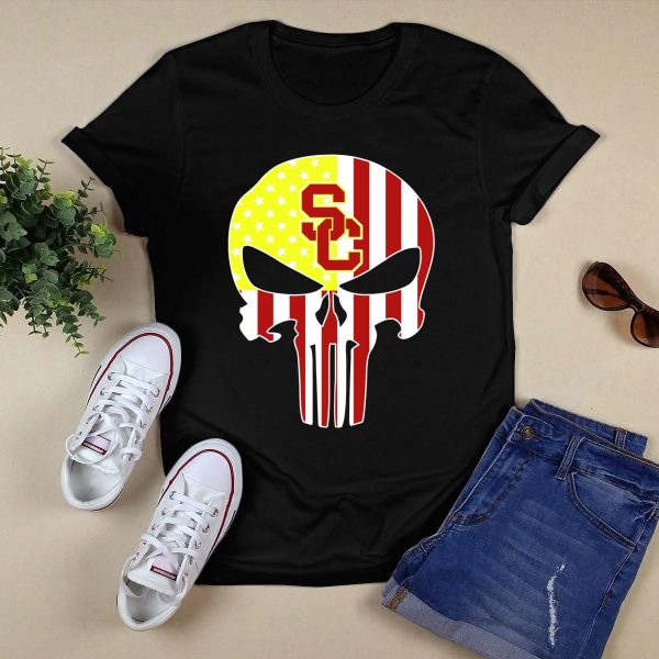 Usc Trojans Skull Punisher American Flag T Shirt 1 1