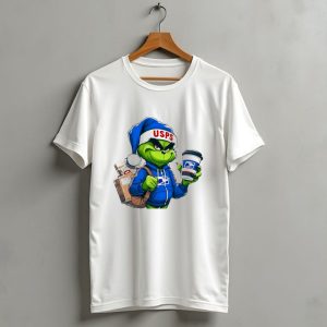 Usps Grinch Merry Christmas Delivery With Packages And Coffee T-Shirt