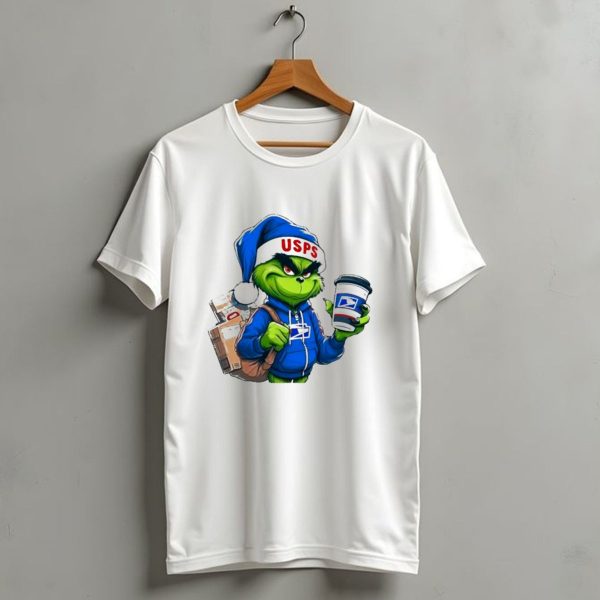 Usps Grinch Merry Christmas Delivery With Packages And Coffee T Shirt 1 t shirt 1