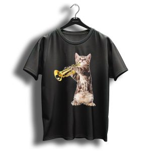 Vintage Cat Playing Trumpet For Birthday Christmas T Shirt 1