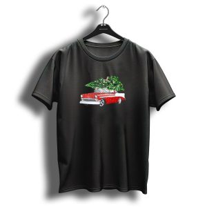 Vintage Chevrolet Red Car With Christmas Tree Snowy Scene T-Shirt