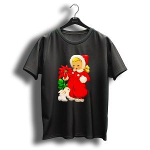 Vintage Christmas Girls Red Outfit With Poinsettia And White Bunny T-Shirt