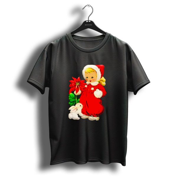 Vintage Christmas Girls Red Outfit With Poinsettia And White Bunny T Shirt 1 t shirt 1