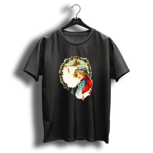 Vintage Christmas Snow Scene Victorian Girl With Holly Wreath And Winter Landscape T-Shirt