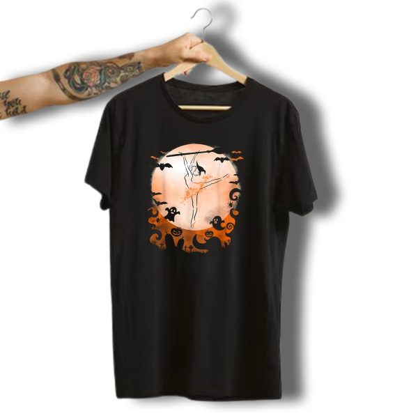 Vintage Halloween Ballerina With Broomstick And Ghosts Moon Scene T Shirt t shirt 1
