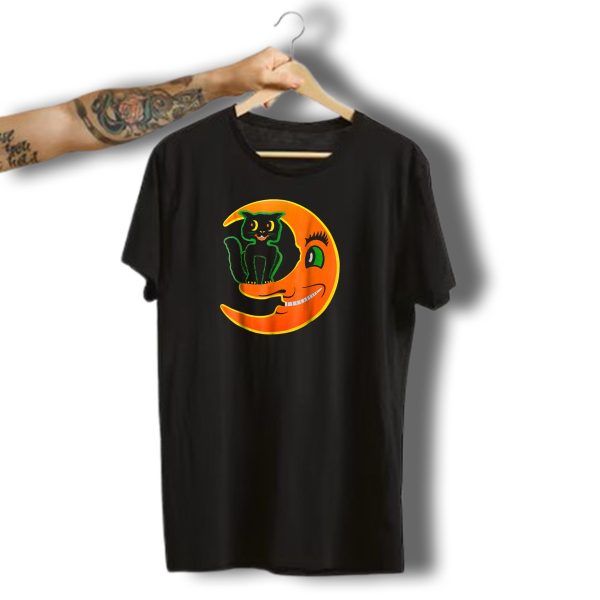 Vintage Halloween Beistle Black Cat Sitting On Smiling Crescent Moon T Shirt t shirt 1