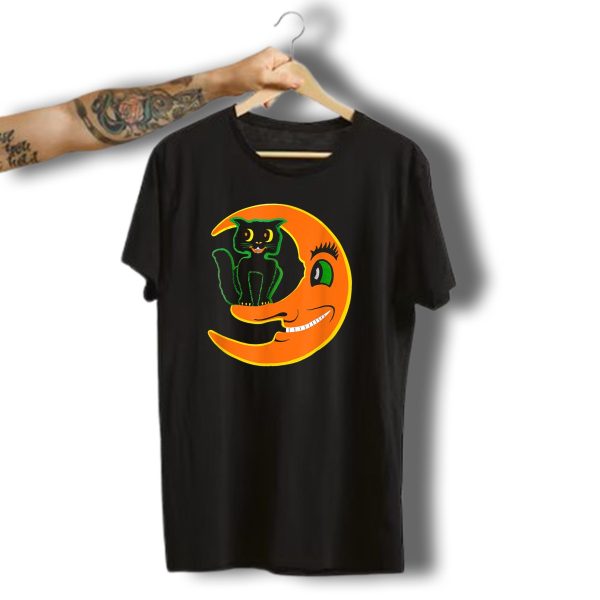 Vintage Halloween Beistle Black Cat Smiling Moon Horror T Shirt t shirt 1