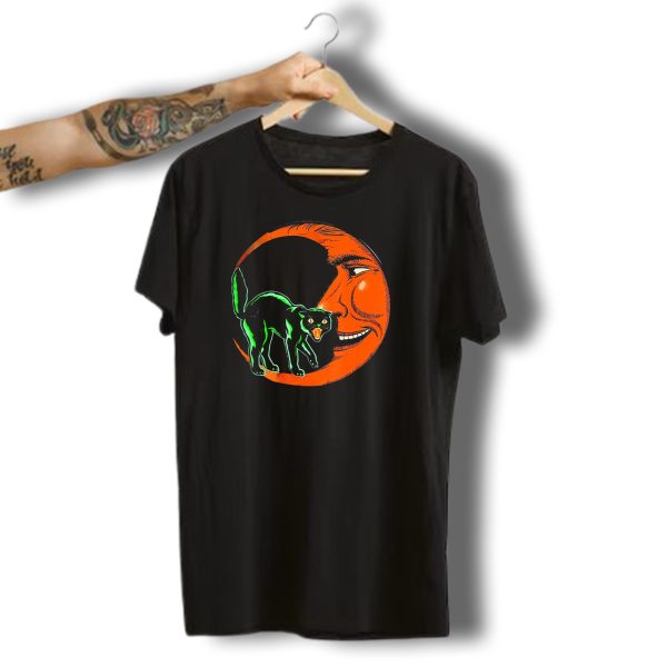 Vintage Halloween Beistle Cat On Crescent Moon T Shirt t shirt 1