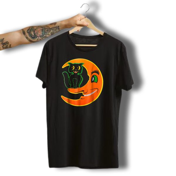 Vintage Halloween Beistle Cat On The Grinning Orange Moon T Shirt t shirt 1