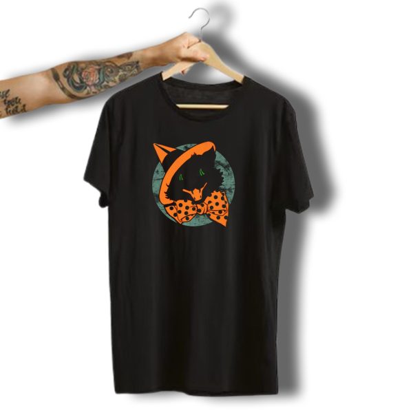 Vintage Halloween Black Cat Witch Hat Polka Dot Bowtie T Shirt t shirt 1