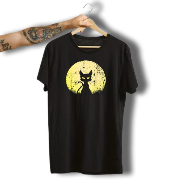 Vintage Halloween Cat Silhouette Full Moon Weathered T Shirt t shirt 1
