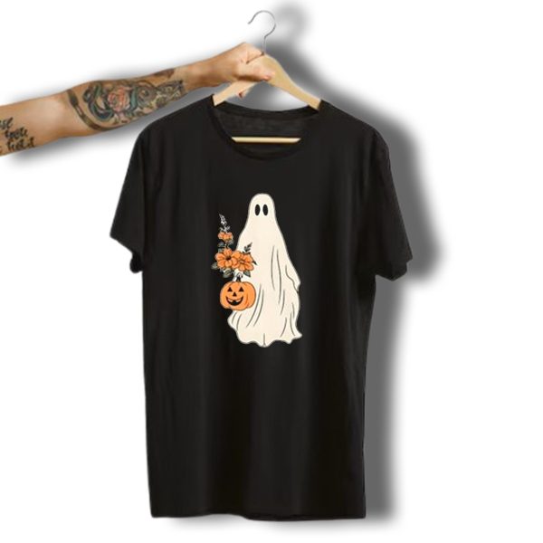 Vintage Halloween Ghost With Floral Bouquet And Pumpkin T Shirt t shirt 1