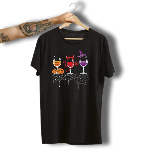 Vintage Halloween Red Devil Purple Witch Wine Glass Pumpkin Faces T Shirt t shirt 1