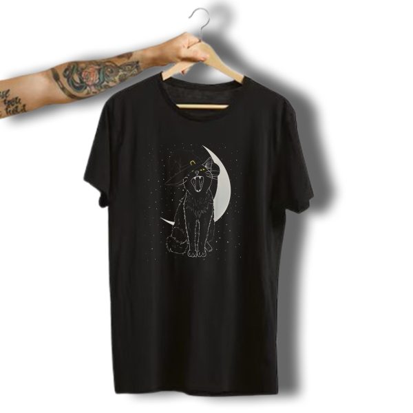 Vintage Scary Black Cat With Witch Hat And Moon Halloween Costume T Shirt t shirt 1