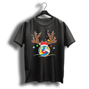 Volleyball Christmas Funny Reindeer Santa Hat Antlers Sunglasses Holiday Ornaments T-Shirt