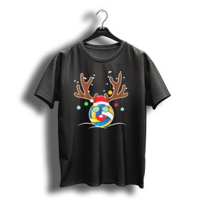 Volleyball Christmas Funny Reindeer Santa Hat Antlers Sunglasses Holiday T-Shirt