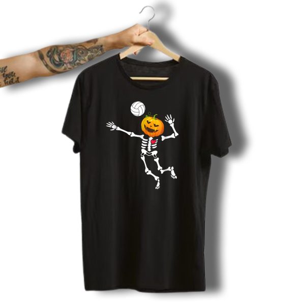 Volleyball Skeleton With Pumpkin Head And Heart For Halloween T Shirt t shirt 1