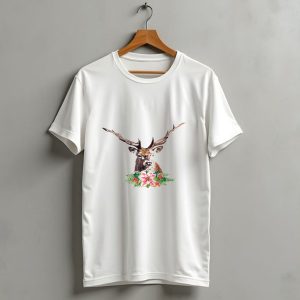 Watercolor Christmas Reindeer With Poinsettia And Pine Branches T Shirt