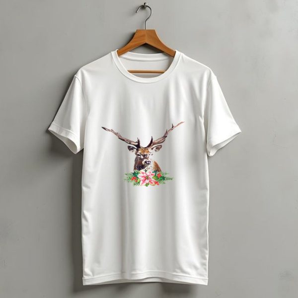 Watercolor Christmas Reindeer With Poinsettia And Pine Branches T Shirt 1 t shirt 1