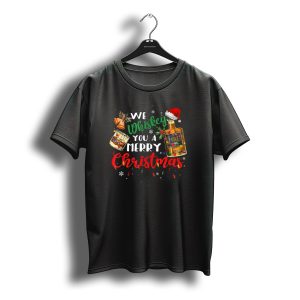 We Whiskey You A Merry Christmas Whiskey Bottle Santa Hat Christmas Lights T-Shirt