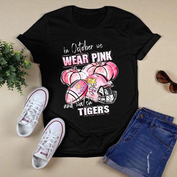 Wear Pink In October Lsu Tigers Football Helmet Pink Pumpkins And Ball T Shirt Black 1