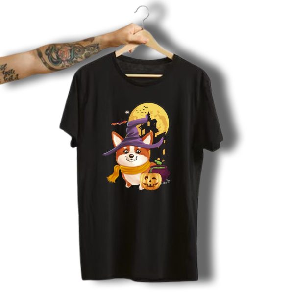 Welch Corgi Witch With Pumpkin And Cauldron Halloween Scene T Shirt 1 t shirt 1