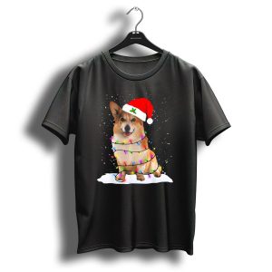 Welsh Corgi Wrapped In Christmas Lights Wearing Santa Hat T Shirt