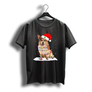 Welsh Corgi Wrapped In Christmas Lights Wearing Santa Hat T-Shirt
