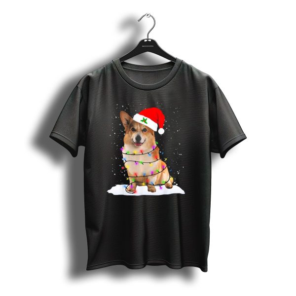 Welsh Corgi Wrapped In Christmas Lights Wearing Santa Hat T Shirt t shirt 1