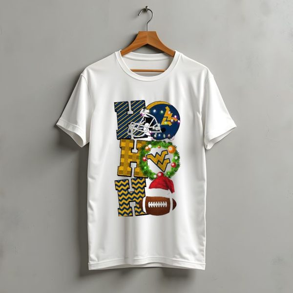 West Virginia Mountaineers Christmas Ho Ho Ho Helmet Wreath Santa Hat Game Day T Shirt t shirt 1