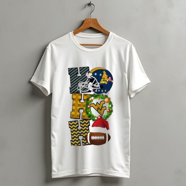 West Virginia Mountaineers Football Christmas Ho Ho Ho Helmet Wreath Santa Hat Game Day T Shirt 1 t shirt 1