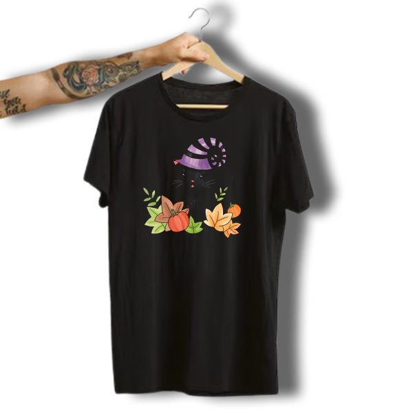Western Halloween Cat Witch Hat Pumpkin Autumn Leaves T Shirt t shirt 1