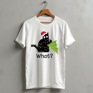 What Black Cat Christmas Lights Tree Santa Hat T Shirt