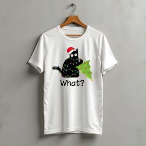 What Black Cat Christmas Lights Tree Santa Hat T-Shirt