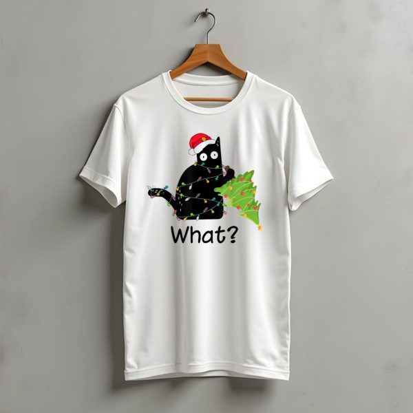 What Black Cat Christmas Lights Tree Santa Hat T Shirt t shirt 1
