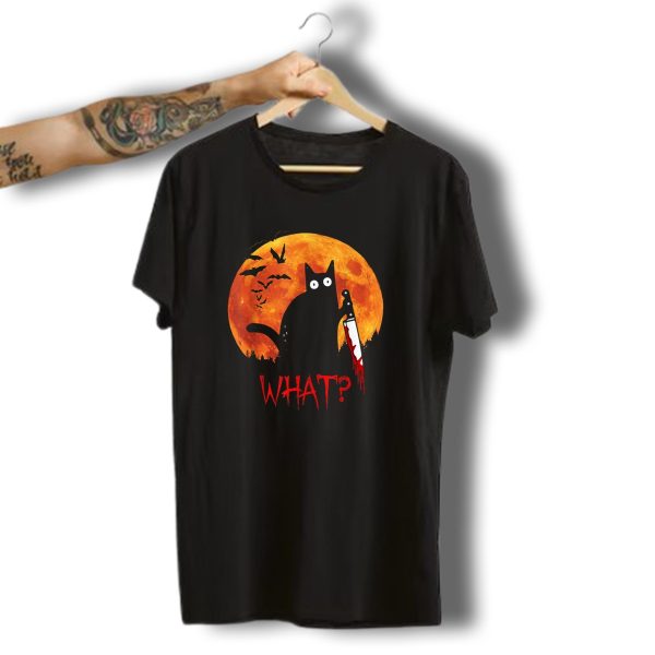 What Funny Black Cat Murderous Cat With Knife Halloween Moon Bats T Shirt t shirt 1 1