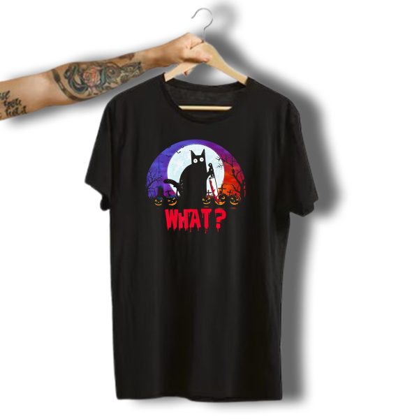 What Murderous Black Cat With Knife Halloween Moon Tombstones Pumpkins T Shirt t shirt 1