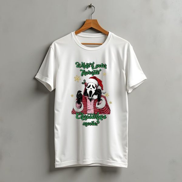 Whats Your Favorite Christmas Movie Santa Skeleton Ghost Face Costume T Shirt t shirt 1