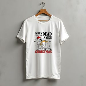 When You'Re Dead Inside Skeleton Drinking Christmas Santa Hat Snowflakes T-Shirt